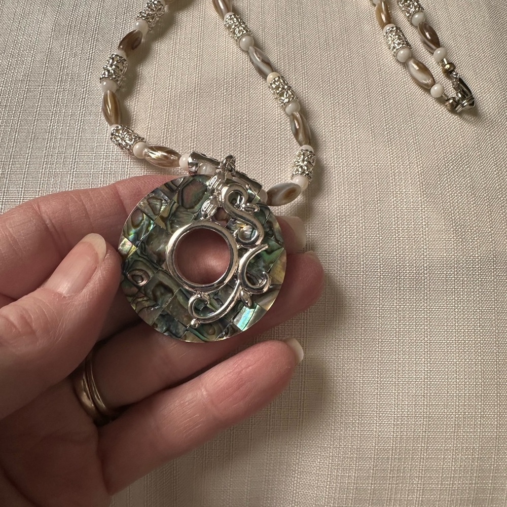 Silver and Abalone beaded vintage Pendant Necklace